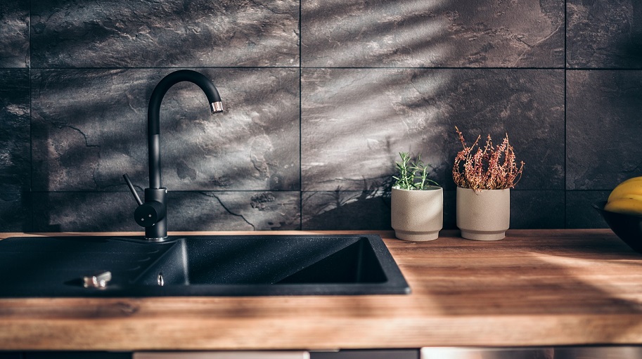 modern kitchen with black sink