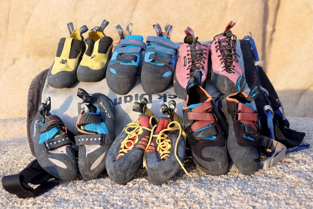 6 different pairs of rock climbing shoes