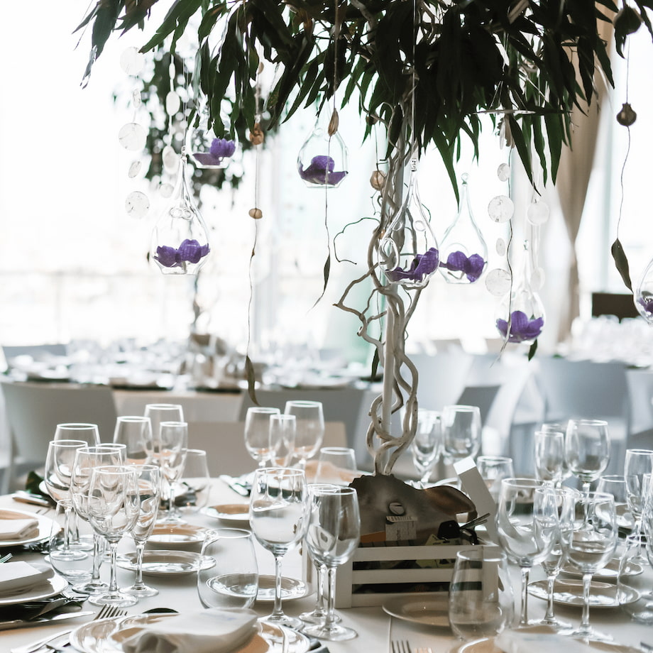reception wedding table with manzanita tree